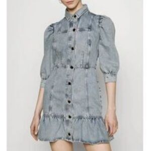 NWT River Island Button Front Drop Waist Denim Blue Shirt Dress Women's 4 Blue
